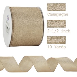 MEEDEE Champagne Wired Ribbon 2.5 Inch Champagne Gold Metallic Wired Ribbon 10 Yards Spool Metallic Glitter Ribbon Champagne Christmas Ribbon for Tree, Gift Wrapping, Wreaths, Crafts, Bows Making