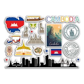 A5 Sticker Sheet Cambodia Landmarks Vinyl Sticker - Cambodian Map Airport Stamps Skyline Flag Travel Holiday Culture City Aesthetics #79859
