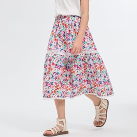 Rolanko Long Floral Skirt for Girls, Elastic High Waist Ruffle Hem, Flowing A-Line Boho Maxi Dress, Red Floral