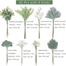 Artificial green stem set, 65 pieces, including 8 types of fake green branches, wedding use fake eucalyptus DIY bouquet, flower arrangement table center piece (gray green and white)