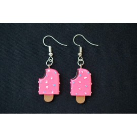 Miniblings Ice Lolly Earrings Hanging Ice Cream Summer Colourful Sprinkles Pink Bite – Handmade Fashion Jewellery I Earrings Silver-Plated, Cotton