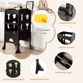 HONEY JOY Kitchen Step Stool for Toddlers, Children Wooden Standing Tower w/Safety Rail, Montessori Foldable Kids Learning Stool for Kitchen Counter(Coffee)