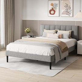 UNIZONE Queen Bed Frame with Button Tufted Headboard, Fabric Upholstered Platform Bed Frame, Mattress Foundation with Wooden Slat Support, Noise Free, No Box Spring Needed, Easy Assembly, Light Gray