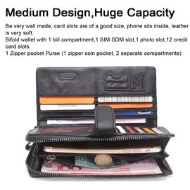Contacts Genuine Leather Wallet,Mens Secretary Long Cltch,Zipper Wallet Purse with 12 Card Slots (Black)