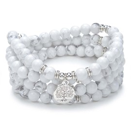 Tree of Life Charm 108 Mala Prayer Beads Bracelet Healing Calming Mala Necklace for Yoga Meditation Practice, Stone Pearl stone, Pearl