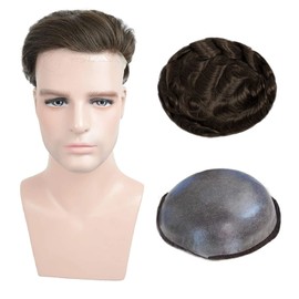 LLWear Toupee for Men Human Hair Mens Hair Pieces 0.06mm Soft Thin Skin Single Knotted Natural Wavy Men's Hair Replacement System with 8X10 Inch Cap #3(Brown Color)