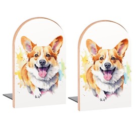 Colorful Corgi Dog Book Ends Decorative Wood Bookends for Shelves Kids Room Desk Home Office Book Stoppers for Magazines,Books, DVDs, 1 Pair/2 Pieces(5x3.1 in)