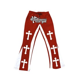 SHENHE Men's Y2k Cross Print Graphic Flare Leg Stacked Sweatpants Streetwear Goth Pants Red Medium