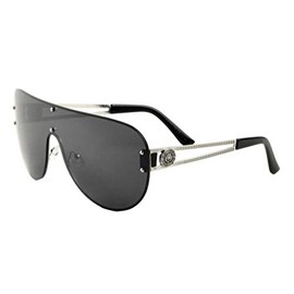 Kleo Lion Head Medallion Oversized Flat Top Luxury Shield Aviator Sunglasses (Silver Metallic Frame, Black Super Dark)