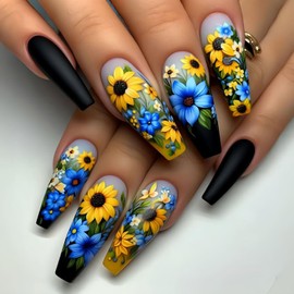 EYZOTSF Press on Nails Coffin Shaped Acrylic Extra Long Square False Nails with Designs Artificial Long Length Coffin Fake Nails with Charms Glue Stick ons Fingernails for Women Girls(Y733)