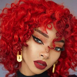 PORSMEER Red Curly Wigs for Women Synthetic Hair Natural Loose Curly Afro Kinky Medium Wavy Bob 70’s 80'S Wig Black Women for Costume or Daily Wear(Hot red)