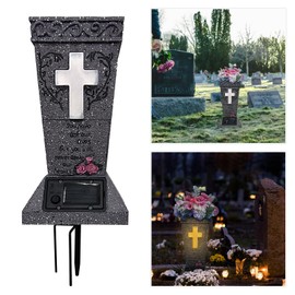 Solar Cemetery Vase with LED Cross Lamp Memorial Flower Holder with Spike Headstones Vases Gravestone Garden Decorations Condolence Gifts for Loss of Loved One (Warm Light Cross)