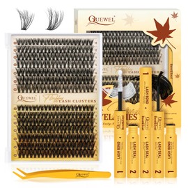 QUEWEL Fluffy Cluster-Lashes Kit 40D+50D Individual-Eyelashes Kit 280Pcs Mix 10-18mm Thick Eyelash-Clusters Bond and Seal Lash Kit and Lash Tweezers for Beginner(3D-40D+50D Kit)