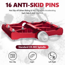 LYCAON Bicycle Pedals, Road Bike/Mountain Bike MTB Pedals, 3 Bearings CNC Aluminium Alloy Non-Slip 9/16 Inch CR-MO Spindle Bicycle Pedal, BMX Mountain Road Bike Non-Slip Flat Pedals (Red)