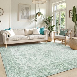 Lahome Sage Green Washable Rugs 5x7, Soft 5x7 Area Rugs for Living Room Bedroom, Vintage Non Slip Ultra-Thin Stain Resistance Large Throw Carpet for Nursery Dining Room Home Office, Green