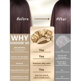 SUTIYO Satin Sleep Cap for Sleeping, Double-Sided Silk Hood for Sleeping, Adjustable Sleep Cap, Hair Cap for Curls, Silk Bonnet for Women and Girls (Champagne/White)