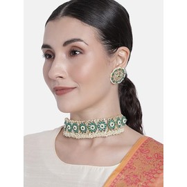 I Jewels Womens 18K Gold Plated Indain Wedding Bollywood Kundan & Pearl Studded Choker Necklace Jewellery Set (K7208G) Green