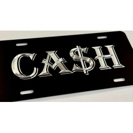 Cash $ Money Car Tag Engraved Gloss Black Silver Etched License Plate
