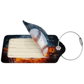 Richugui Retro Water Fire Baseball Pattern 2 Pack PU Leather Luggage Tags for Suitcase, Luggage Tag with Privacy Flap, Name ID Label for Women Men Luggage Handbag School Bag Backpack