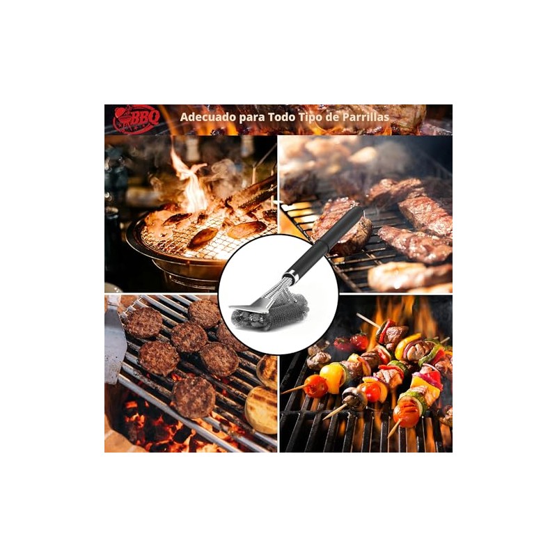 TNTOR - Cepillo para parrilla con raspador, mango ajustable de