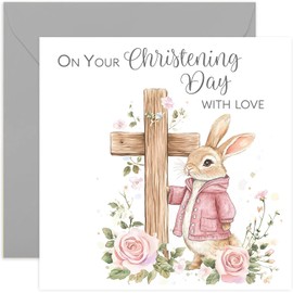 Cute Christening Card for Girl - Painted Rabbit Artwork Christening Greeting Card for Family and Friends - Pink Floral Cross Bunny Rabbit Art - For Daughter Granddaughter Goddaughter Niece