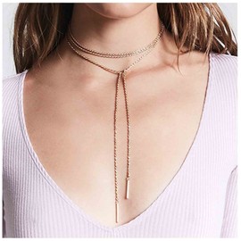 Yheakne Boho Layered Bar Necklace Gold Bar Pendant Necklace Tie Choker Long Y Lariat Necklace Drop Rope Chain Necklace Jewellery for Women and Girls Gifts