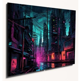 The Plum Penguin Cyberpunk Cityscape Wall Art Twin Set A4 Size 6mm MDF Neon Nightscape Decor Canvas Alternative 40 x 30cm