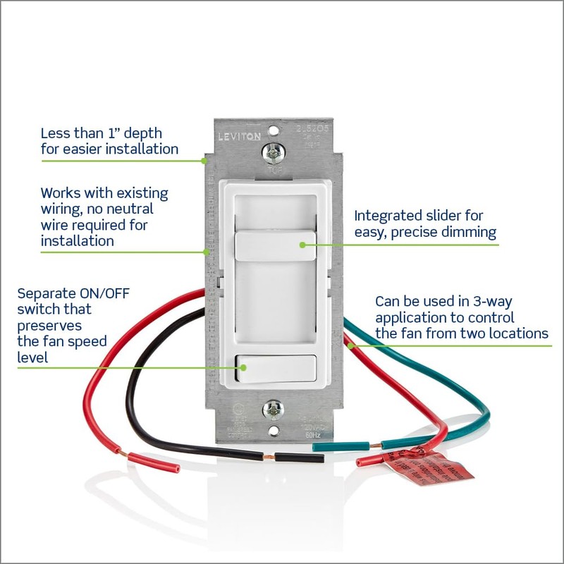 Leviton SureSlide Ceiling Fan Wall Switch, Quiet 3-Speed Fan Control,