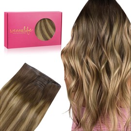 WENNALIFE Genius New Weft Hair Extensions Real Human Hair, 18" 50g Balayage Chocolate Brown to Caramel Blonde Sew in Hair Extensions Natural Luxury Remy Human Hair for Women Straight Invisible