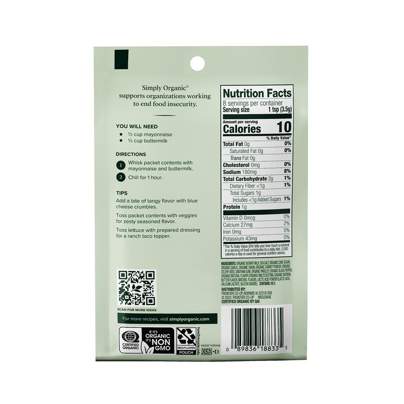 Simply Organic Ranch, Certified Organic, Gluten-Free | 1 oz |