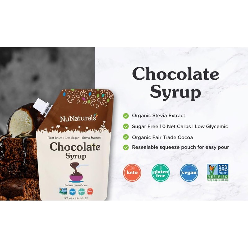 NuNaturals Pourable Maple, Caramel, Chocolate Stevia Syrup, Sugar-Free Syrup 6.6oz