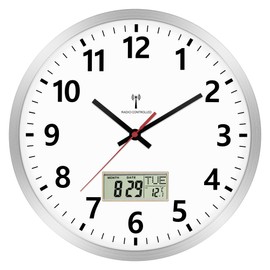 Foxtop Radio Analogue Wall Clock 30 cm Digital Wall Clock with Temperature and Date LCD Display Clock for Kitchen, Living Room, Silver