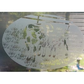 Vinyl Etchings Cow Scene Window Decal 4"x6" OVAL Etched Glass Look Cling Removable & Reusable