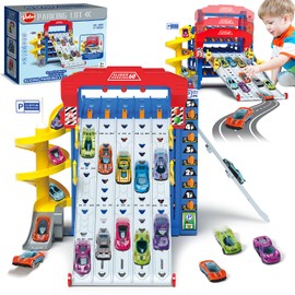 VATOS Sliding Track Truck Car, Parking Toy Storage Track Car Toy with 10 Cars for Boys Ages 3 4 5 6 7 8, Birthday School Year Gift Car Set for Boys Girls Toddlers 3-5