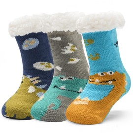 Big Boys Fuzzy Socks with Grips Winter Warm Socks for Kids Boys Thick Thermal Fluffy Socks for Home 3 Pack Cute Dinos 8-10 Years