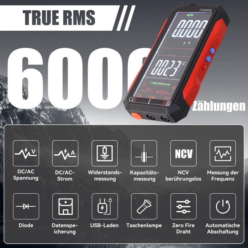 Digital Multimeter, Current Meter Voltmeter with 6000 Counts, Auto Ranging,
