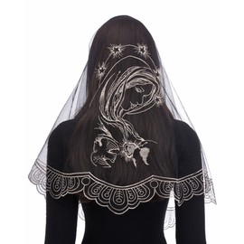 Bozidol Church Catholic Veils for Women, Black Gold Long D Shape Immaculate Heart of Mary Embroidered Lace Mantilla Chapel Veil, Latin Mass Prayer Head Coverings with Clips