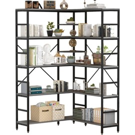 JoanKaren Corner Bookshelf, 5-Tier Industrial Corner Shelf, L Shaped Bookshelf Corner Etagere Bookcase with Metal Frame, Etagere Bookcase Corner Display Rack for Living Room Bedroom