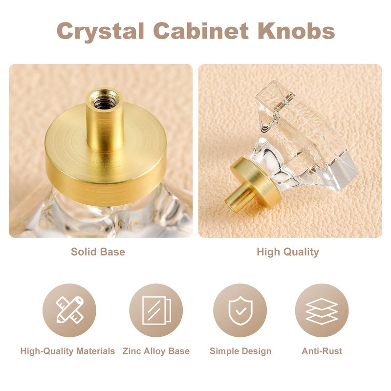 coolnews 8 Pack Crystal Glass Drawer Knobs Brushed Brass/Gold Cabinet