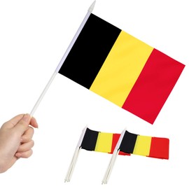 Anley Belgium Mini Flag 12 Pack - Hand Held Small Miniature Belgian Flags on Stick - Fade Resistant & Vivid Colors - 5x8 Inch with Solid Pole & Spear Top