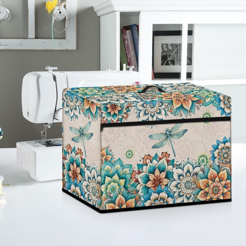 Mumeson Boho Flower Dragonfly Sewing Machine Cover, Portable Dust Protection