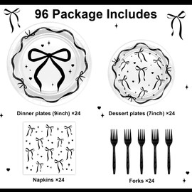 Avezano 96pcs Black Bow Plates and Napkins Black Bow Birthday Party Decorations Balck and White Bow Birthday Decorations Disposable Tableware Serve 24