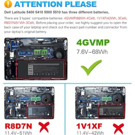 4GVMP Laptop Battery for Dell Latitude 5400 5500 5410 5510 E5400 E5500 Inspiron 7590 7591 7791 2-in-1 Precision 3540 3550 Series P84F P84F001 P42E P42E001 P98G001 P80F001 RF7WM C5GV2 H82T6 7.6V 68Wh