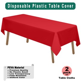 Red Plastic Tablecloths 2 Pack Ruby Disposable Table Covers 54 x 108 Inch Bridal Shower Party Tablecovers PEVA Table Cloths for BBQ Picnic Birthday Wedding Banquet Parties 8 ft Rectangle Table Use
