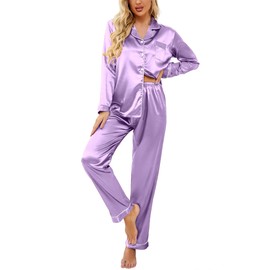 Ekouaer Women's Classic Button Down Long Satin Silk Pajama Set,X-Large,Lavender
