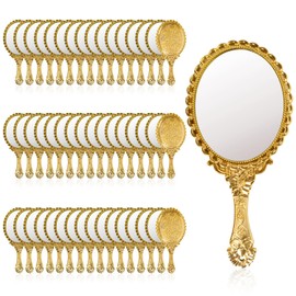 YUSONG 48 Pcs Premium Hand Mirror with Handle - Vintage Princess Mirror for Women Gold Embossed Flower Small Mirrors Tabletop Party Classroom