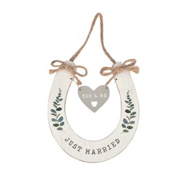 'Just Married' Wedding Horseshoe White with Hanging Heart