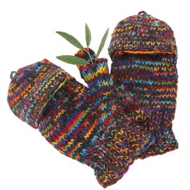 GURU SHOP Nepal Hand Knitted Gloves, Folding Gloves, Wool Gloves - Multi/Dark, Men/Women, Multicoloured, Wool, Size: One Size, Multi/Dark