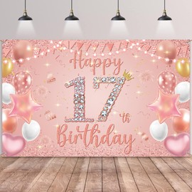 Happy 17th Birthday Decorations Banner - Pink Rose Gold Decoration Backdrop Photography Background, Fabric Sign Poster for 17 Years Old Girls Birthday Party Supplies