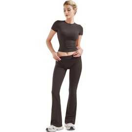 SUUKSESS Women 2 Piece Lounge Sets Going Out Y2K Foldover Pants Crew Neck Fitted Shirts Matching Pajamas (Chocolate, M)